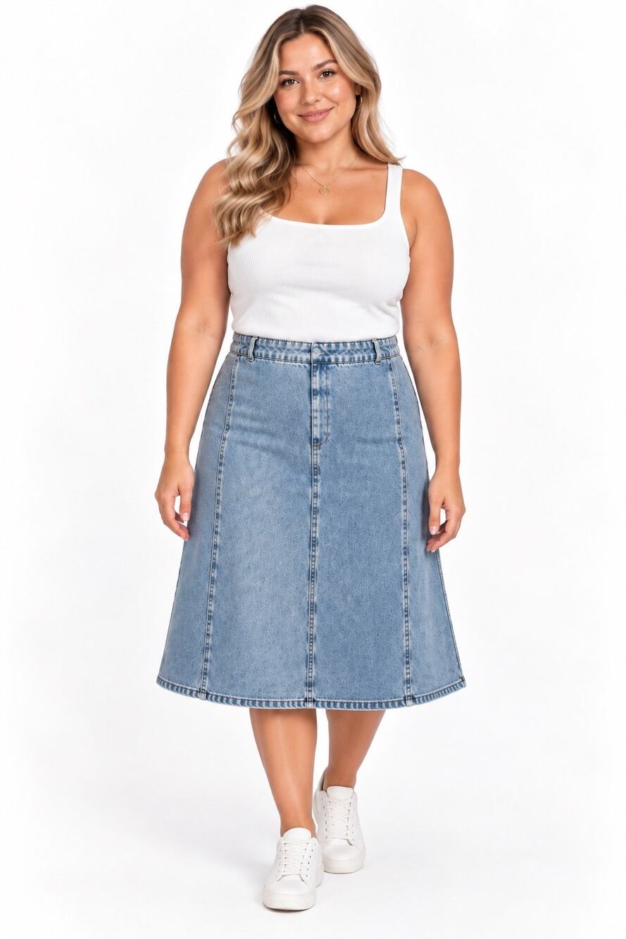 All : Row 100% Cotton Light Wash Denim Flared Midi Skirt